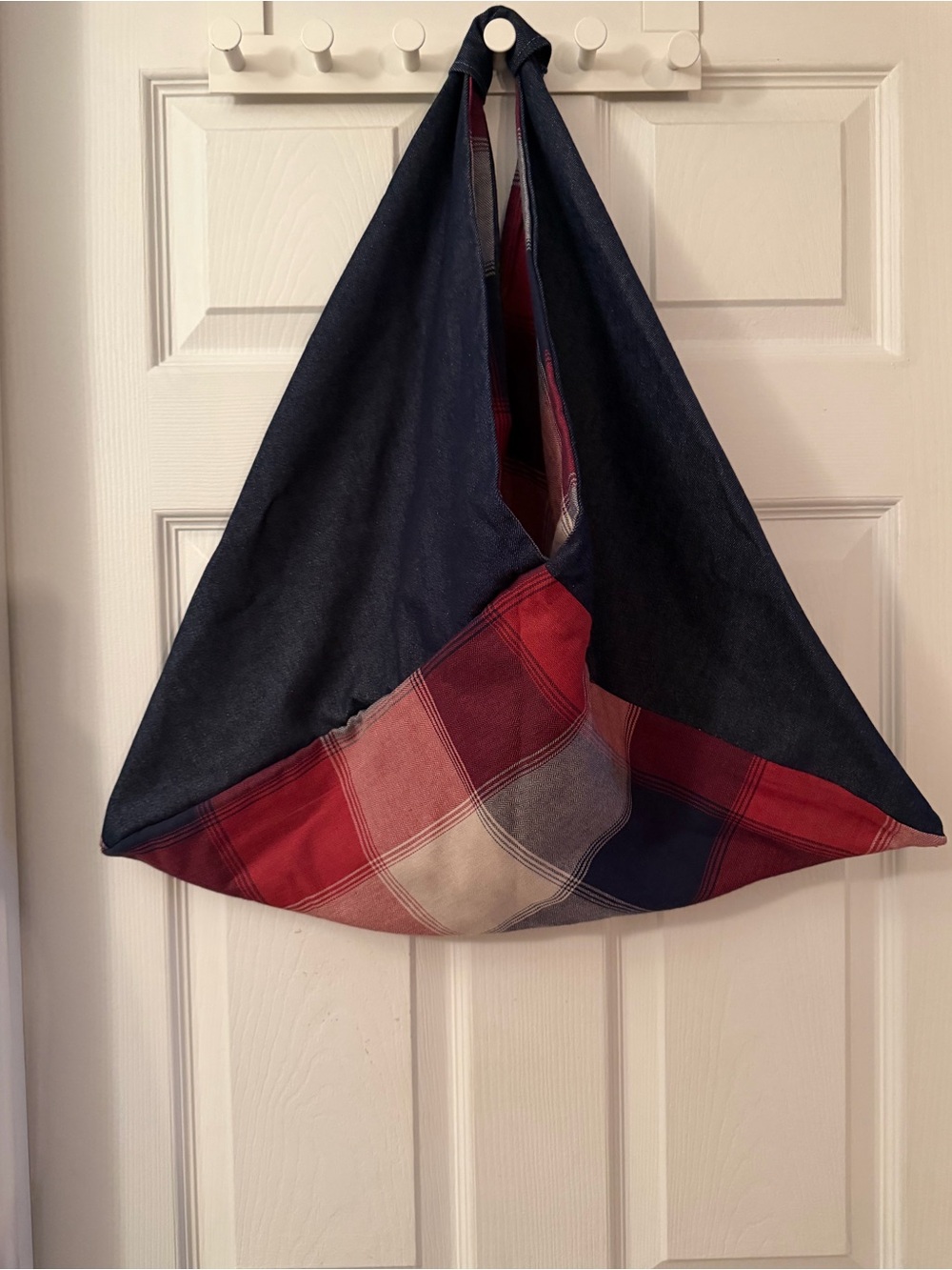Denim and Plaid Fold-Over handmade Sling Bag - Navy and Red